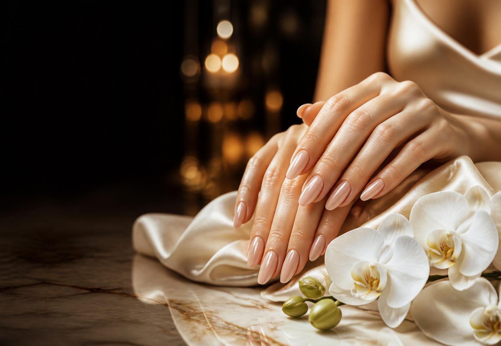 Glossy nude gel manicure on marble with white orchids at AYA Nail, Lash & Spa Studio