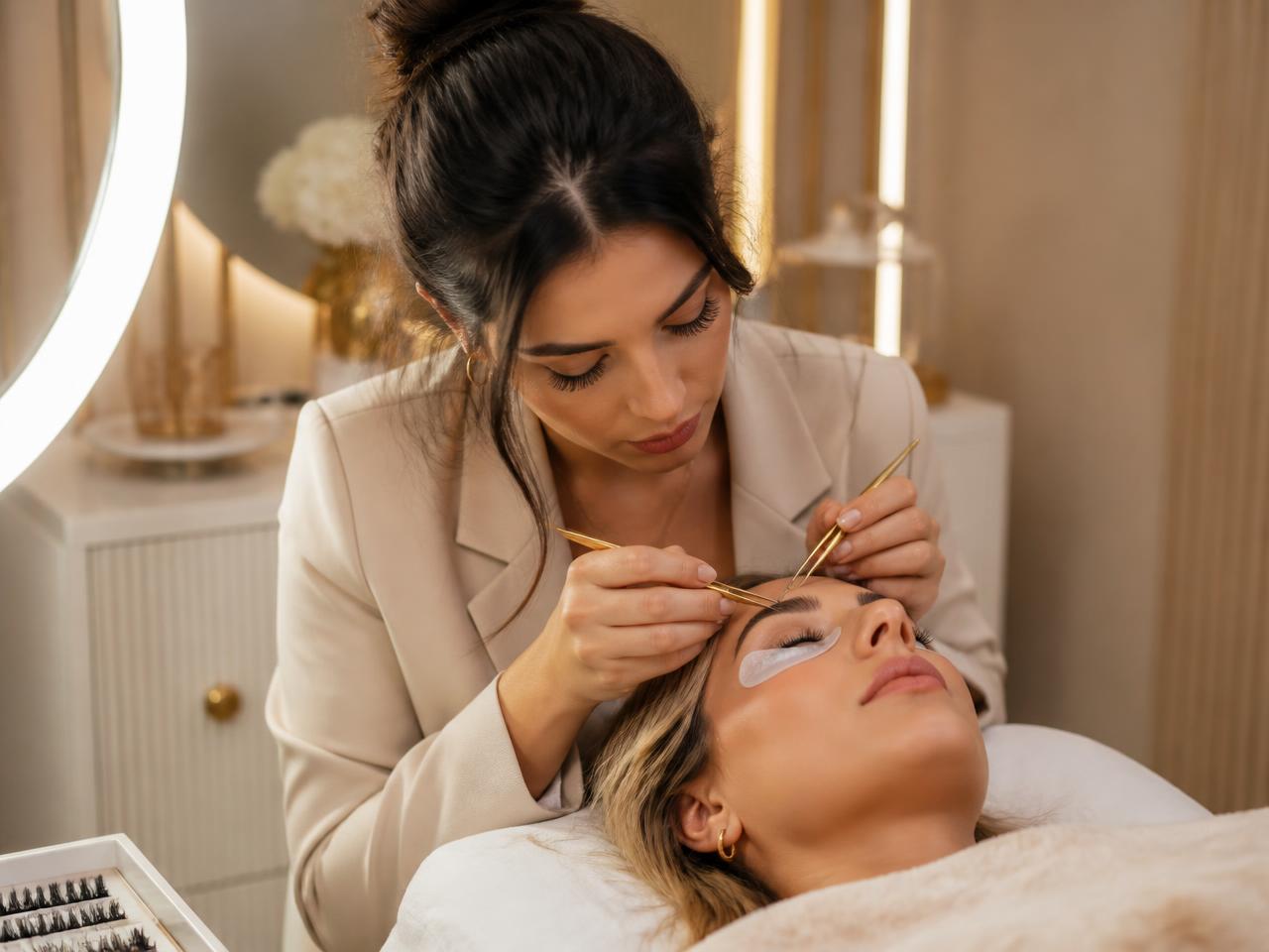Lash artist applying volume eyelash extensions to a relaxed client
