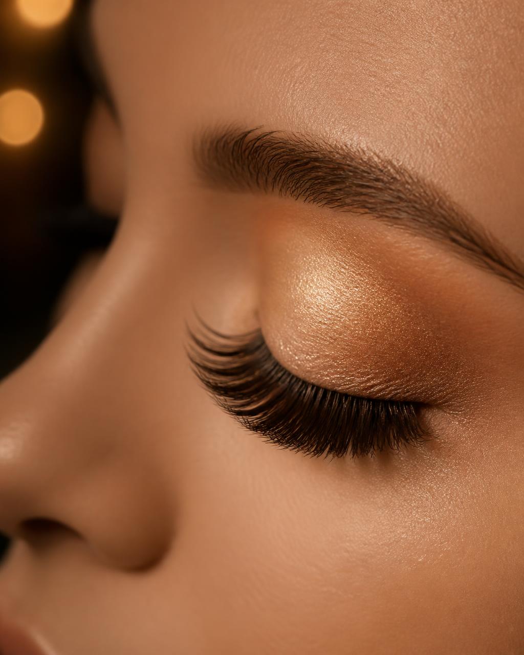 Close-up of volume eyelash extensions on a closed eye