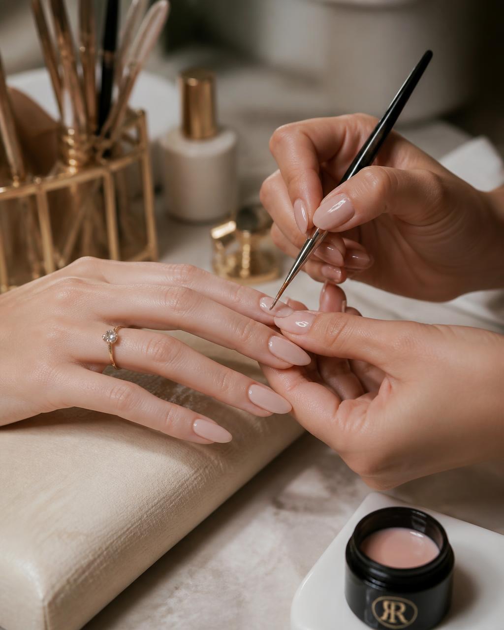 Nail technician applying gel to almond-shaped nude nails