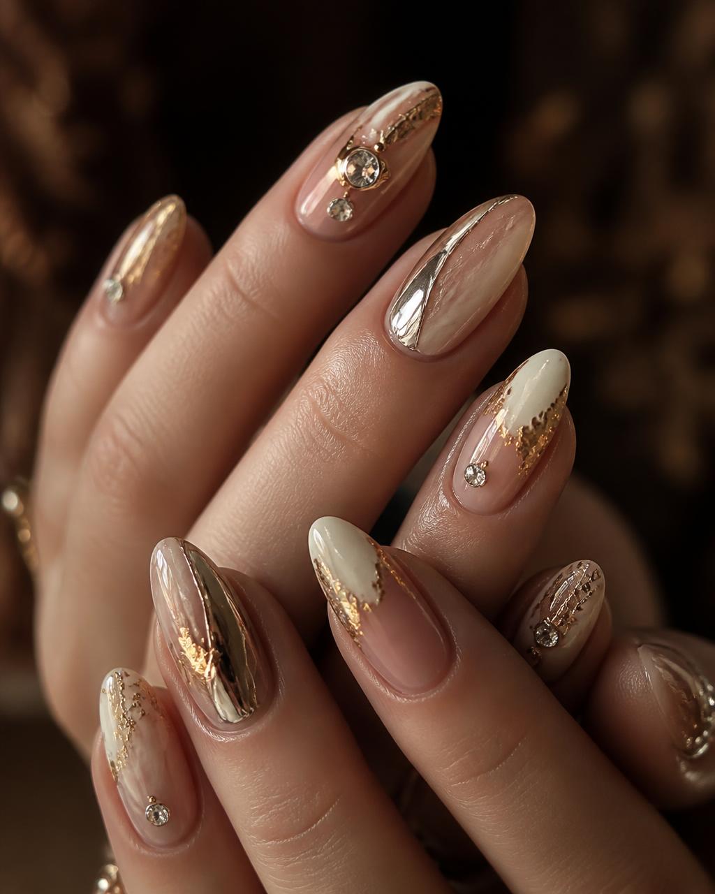 Gold foil and chrome nail art on almond nails