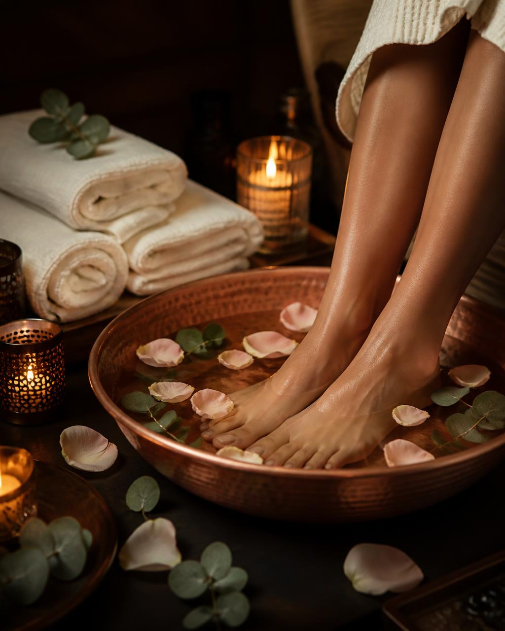 Luxury spa pedicure soak in a copper bowl with rose petals