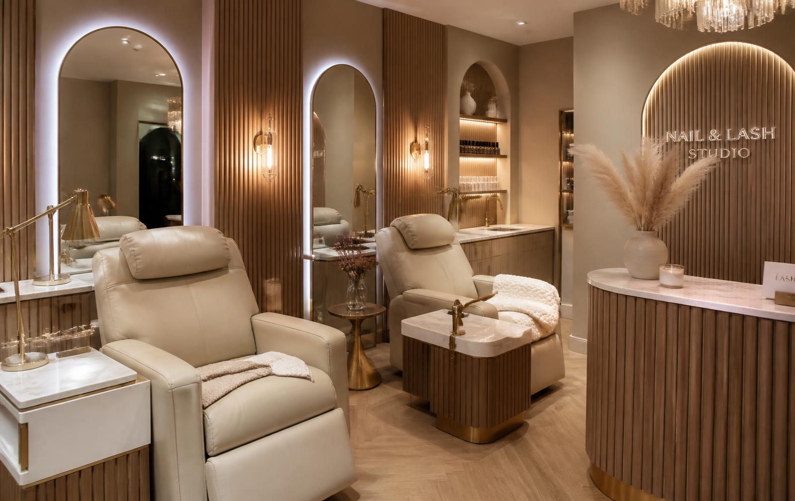 Interior of AYA Nail, Lash & Spa Studio with cream treatment chairs and brass details